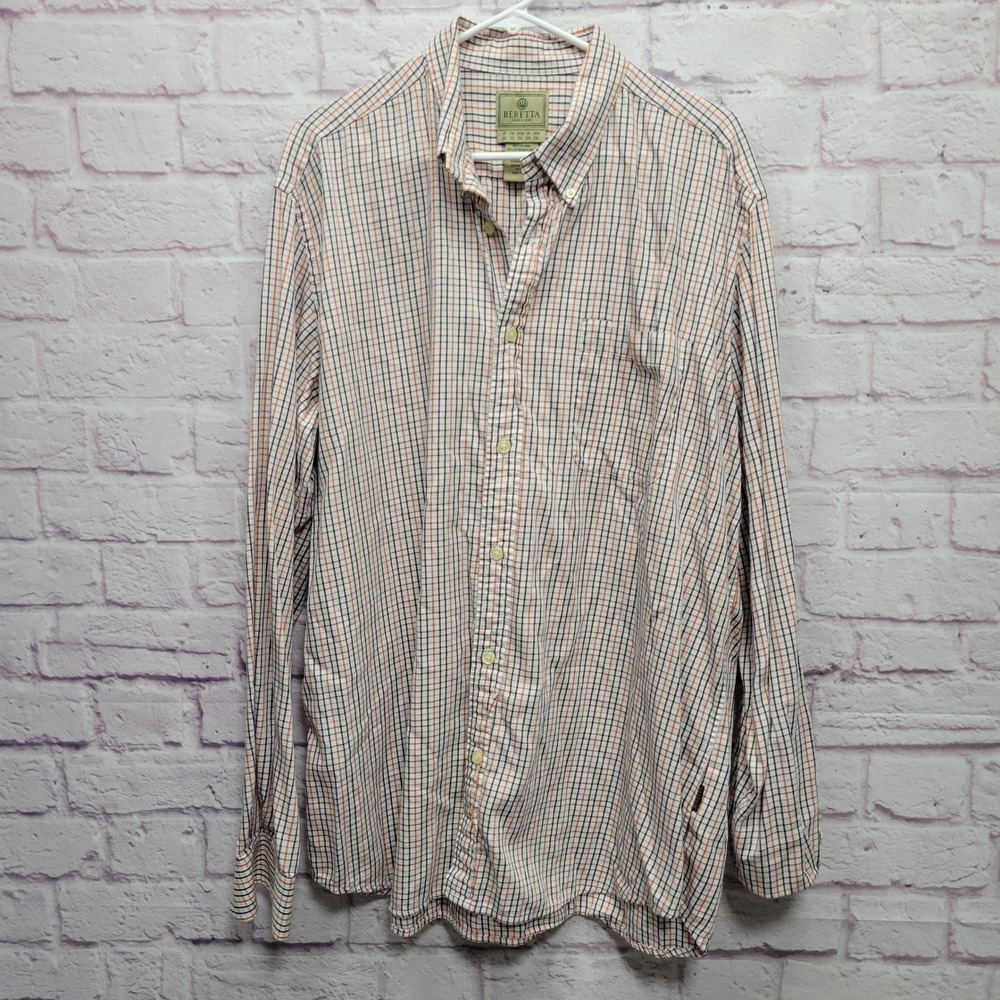 Beretta Square Plaid‎ Button Shirt Size XXL Off White Orange Blue Casual Skater